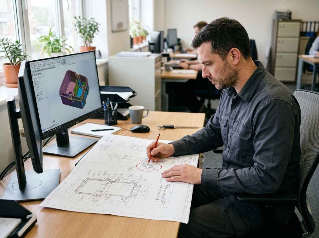 Análisis de riesgos de diseño Ingeniero marcando una zona crítica en el plano de una carcasa durante el análisis de riesgos de diseño del producto