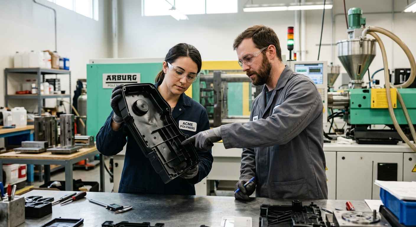 Injection molding defects and how to avoid batch rejection Two engineers examine an injection-molded plastic part in a laboratory to spot sink marks and weld lines before batch rejection.