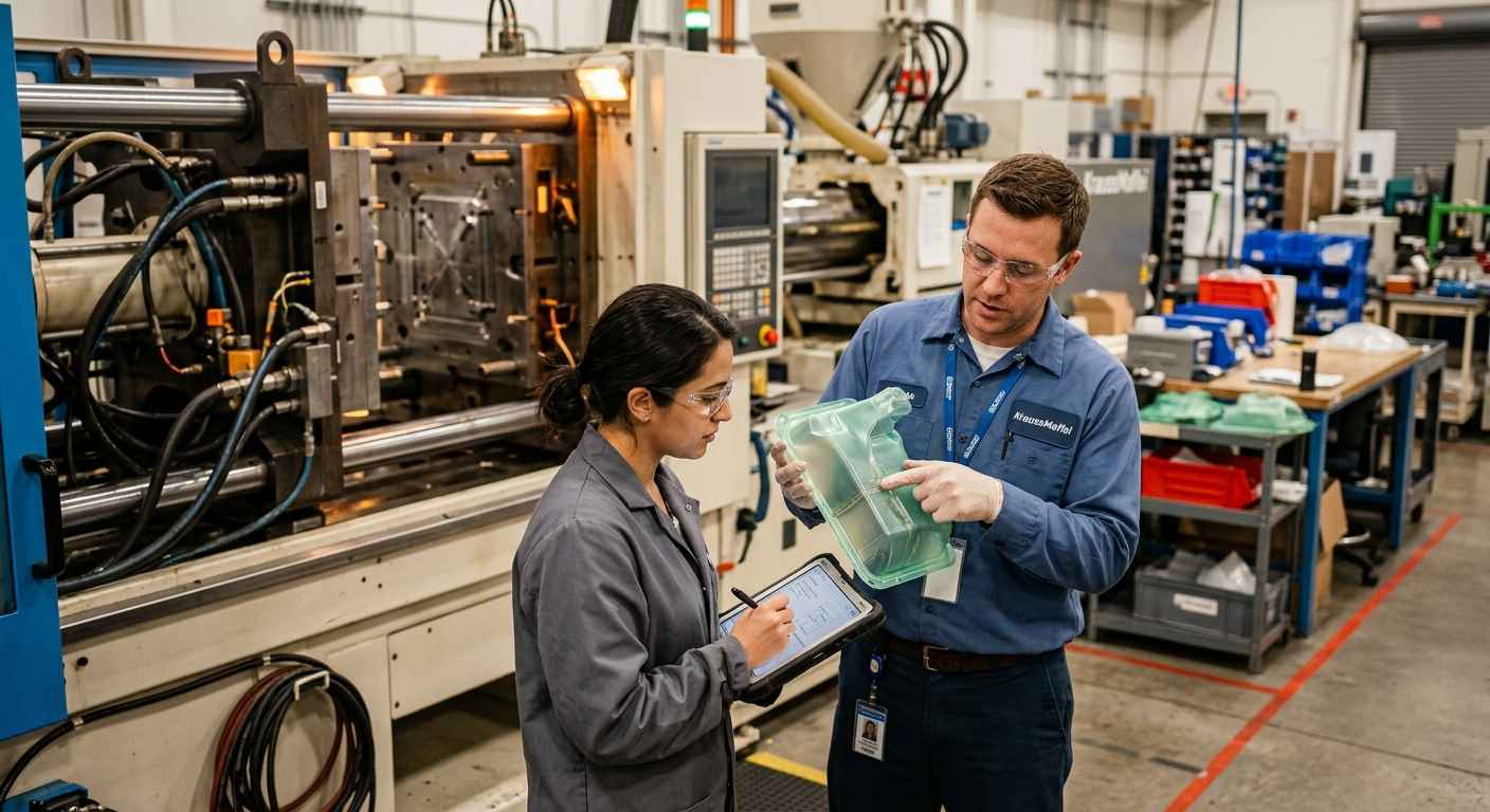 Injection molding defects and how to avoid batch rejection Two technicians beside an injection molding machine inspect a translucent plastic part to control the process and prevent defects.