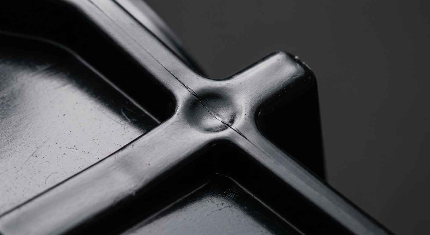 Injection molding defects and how to avoid batch rejection Macro detail of a black injection-molded part showing a visible weld line and a sink mark over a thick rib under raking light.