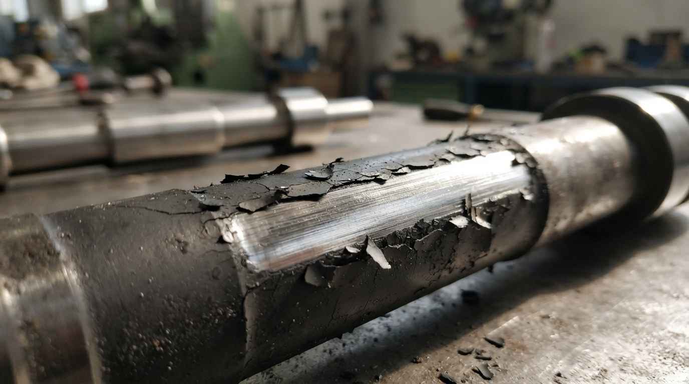 Self-lubricating coatings against wear in industrial parts Close-up of a shaft with its low-friction coating flaking off and the burnished scar left by the sliding contact