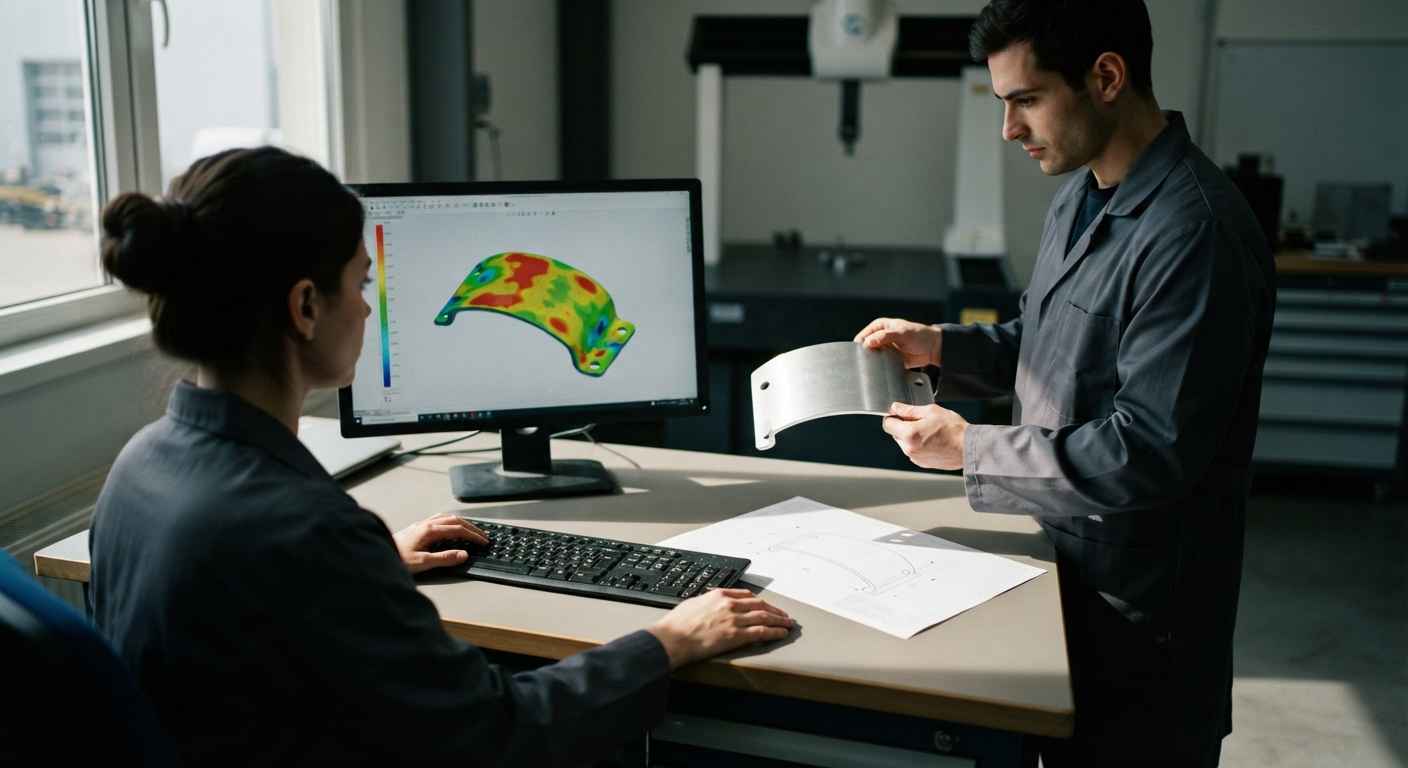Verificación dimensional por escaneo 3D frente al CAD de la pieza Dos especialistas de metrología leyendo el mapa de desviaciones en pantalla junto a la misma pieza de chapa sostenida en mano