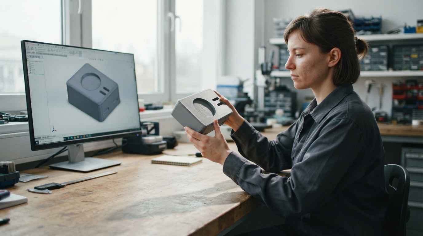 Prototipo de baja fidelidad, qué contesta y cuándo se queda corto Técnico sosteniendo la maqueta impresa de la carcasa junto al monitor que muestra la misma geometría en el modelo CAD