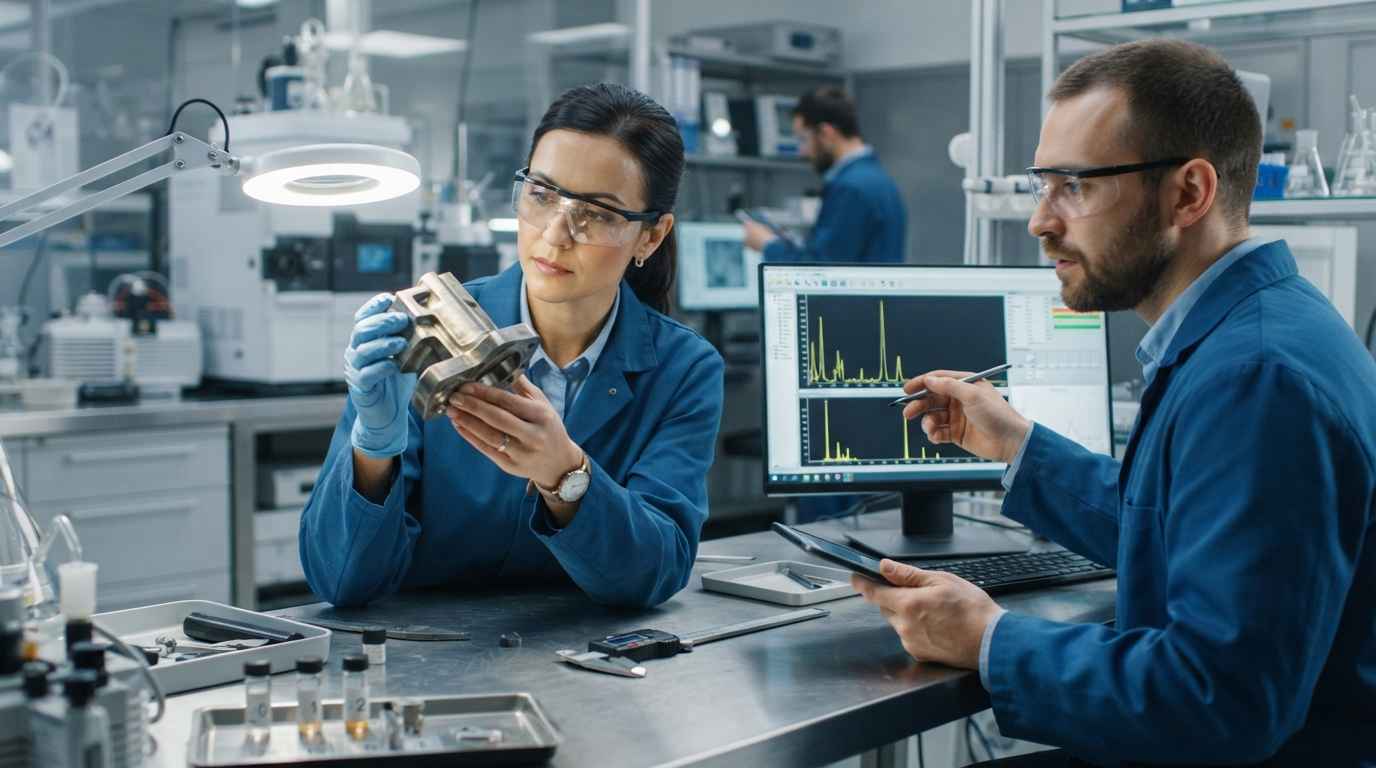 How material composition analysis lets you reproduce a part Material composition analysis, two engineers reviewing the analytical result of an unknown metal part in the laboratory