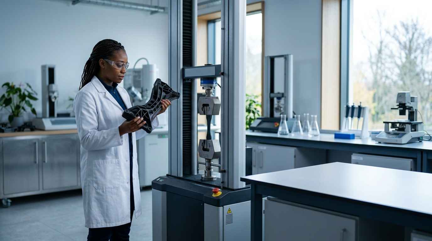 When to replace a metal with a technical polymer and how to validate it Materials engineer inspecting a reinforced polymer part next to the testing machine