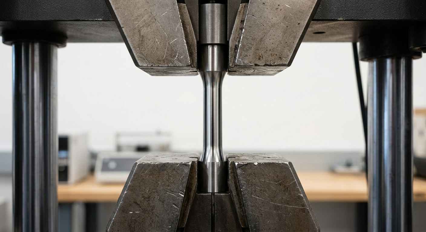 Análisis de materiales de altas prestaciones para el sector defensa Probeta metálica sometida a ensayo de tracción en máquina universal para medir el límite elástico y la resistencia del material.