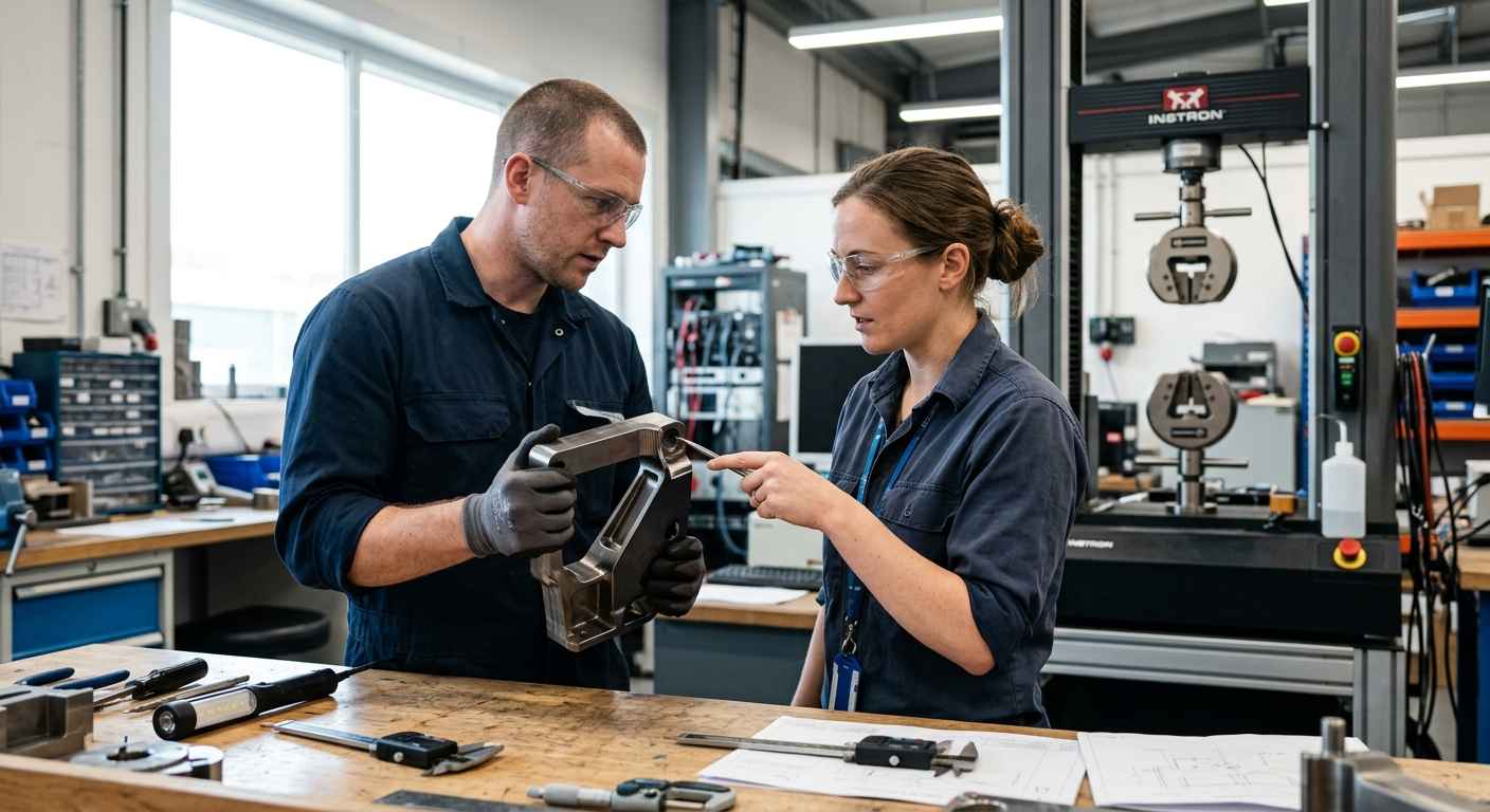 Análisis de materiales de altas prestaciones para el sector defensa Dos ingenieros de materiales examinan un componente metálico de altas prestaciones en laboratorio antes de validarlo para el sector defensa.