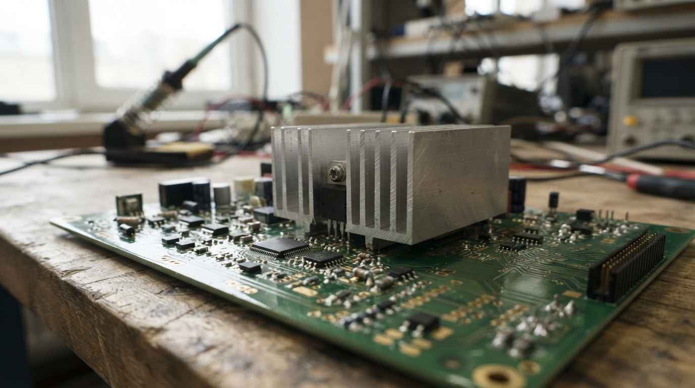 Materiales para electrónica con disipación térmica y protección frente a corrosión Materiales para electrónica: ingenieros revisando una placa con disipador y su comportamiento térmico