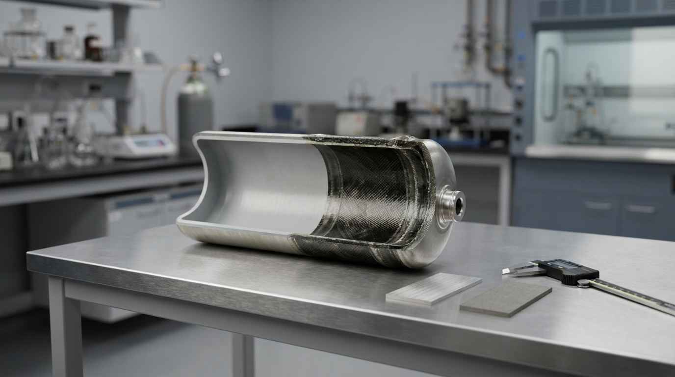 Materiales para nuevas energías y su compatibilidad con el hidrógeno Sección de un depósito de hidrógeno de composite y probetas de aleaciones como materiales para nuevas energías