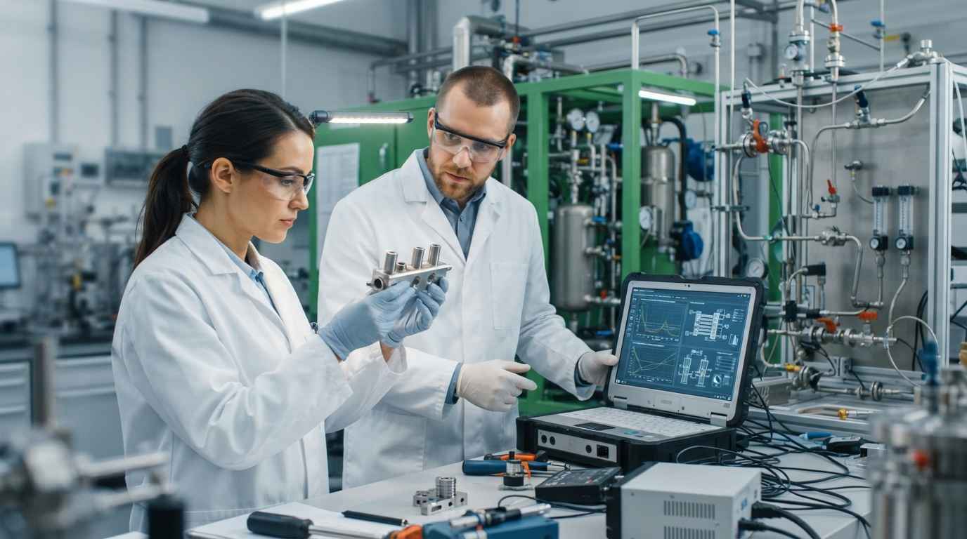 Materiales para nuevas energías y su compatibilidad con el hidrógeno Ingenieros evaluando materiales para nuevas energías junto a un electrolizador de hidrógeno en laboratorio