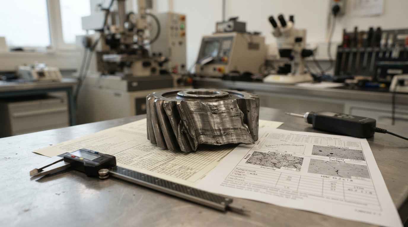 Materials R&D project, from the industrial problem to the test plan Failed industrial component beside characterisation equipment in a materials R&D project