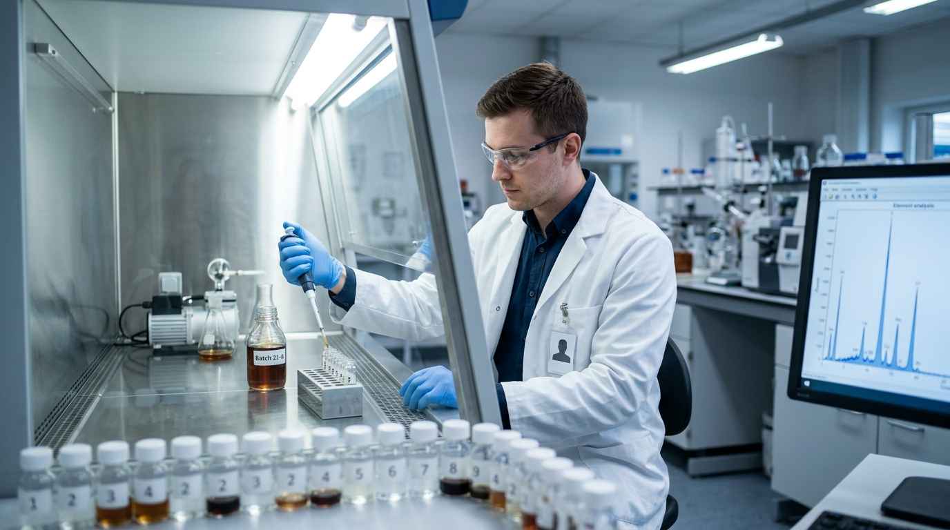 Mejora de procesos en industria química para más rendimiento y menos mermas Analista carga una muestra en un equipo analítico junto a una probeta corroída y otra de referencia para hallar la causa.