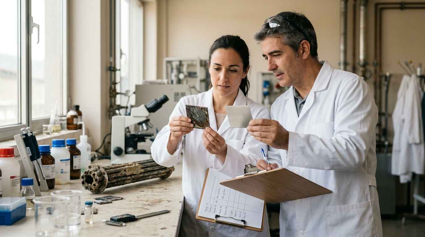 Mejora de procesos en industria química para más rendimiento y menos mermas Dos ingenieros comparan un tramo de tubería corroída con una muestra de aleación nueva para decidir el cambio de material.