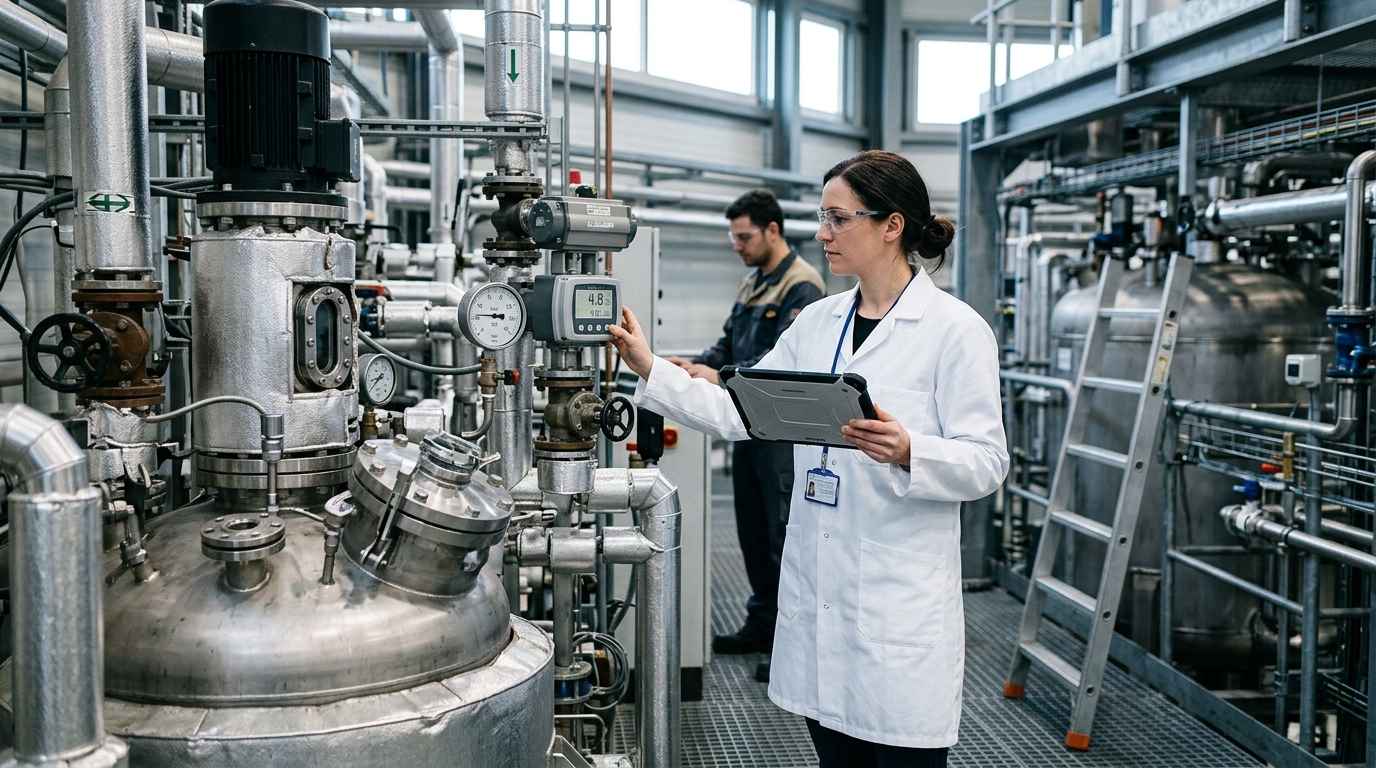 Ingeniero de procesos revisa un reactor químico y su tubería en planta con una tablet para controlar el rendimiento del proceso.