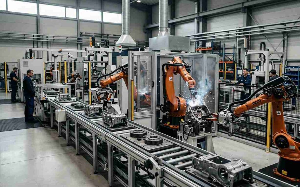 Mejora de procesos Línea robotizada de fabricación industrial donde se aplica la mejora de procesos en producción