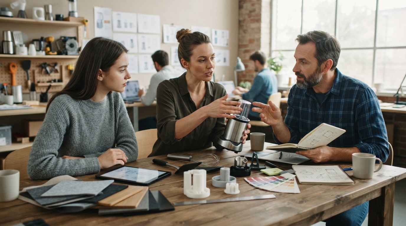 Mejora de producto en bienes de consumo: durabilidad y sostenibilidad Mejora de producto en bienes de consumo: equipo analizando utensilios y prototipos