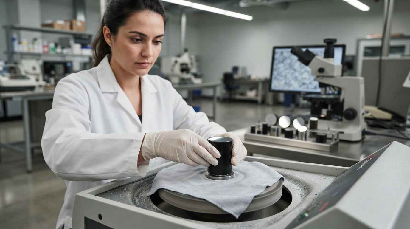 How do you verify a heat treatment with hardness and metallography tests? Technician polishing a metallographic sample to review the microstructure after heat treatment