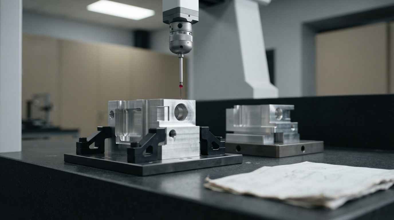 Análisis de un lote no conforme, qué medir y cómo probarlo Palpador de una máquina de medir por coordenadas sobre una pieza mecanizada amarrada en mesa de granito, cota a cota