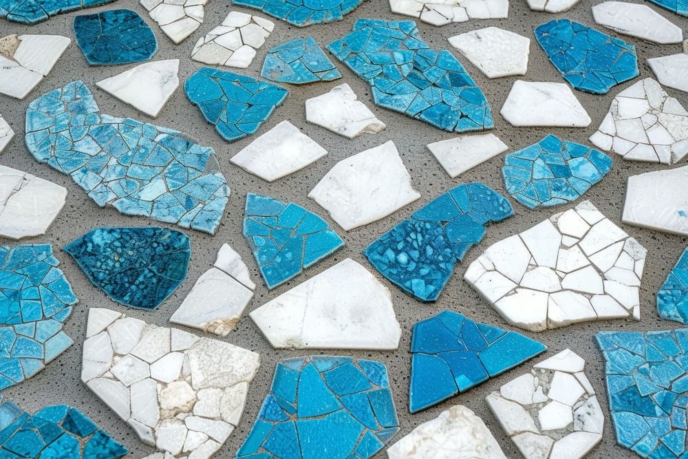 Ensayos Mosaico de piezas cerámicas azules y blancas sobre mortero