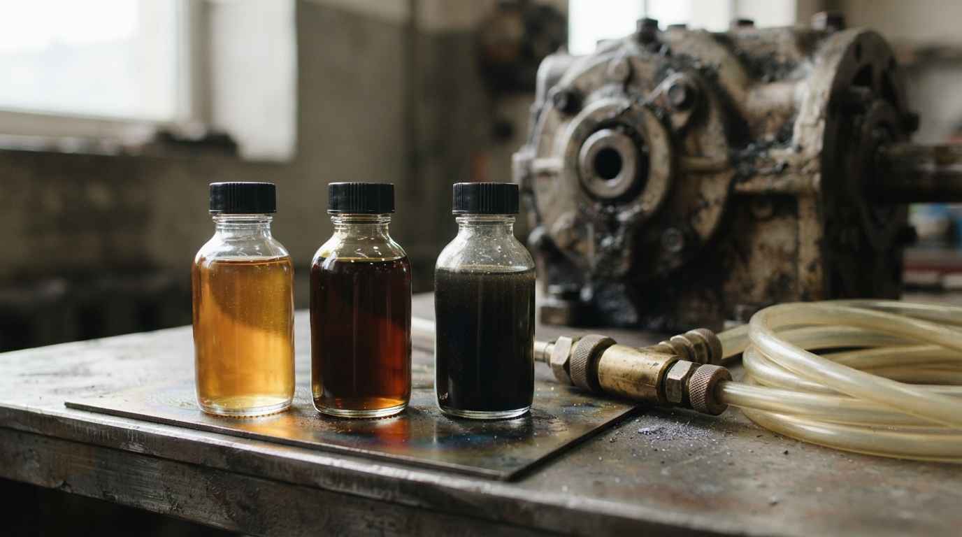 Tres muestras de aceite del mismo equipo alineadas en el banco, de ámbar claro a casi negro, junto a la válvula de muestreo