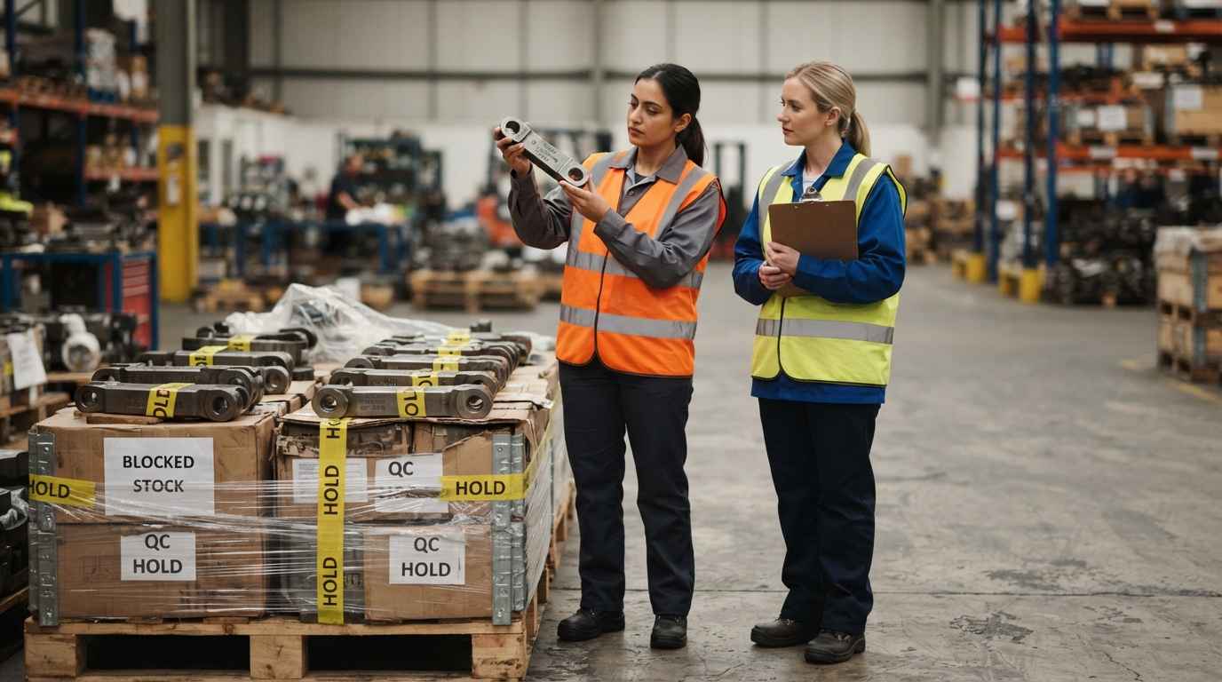 Nonconforming batch analysis, what to measure and how to prove it Nonconforming batch analysis, two quality engineers checking the identification of a component from the batch on hold