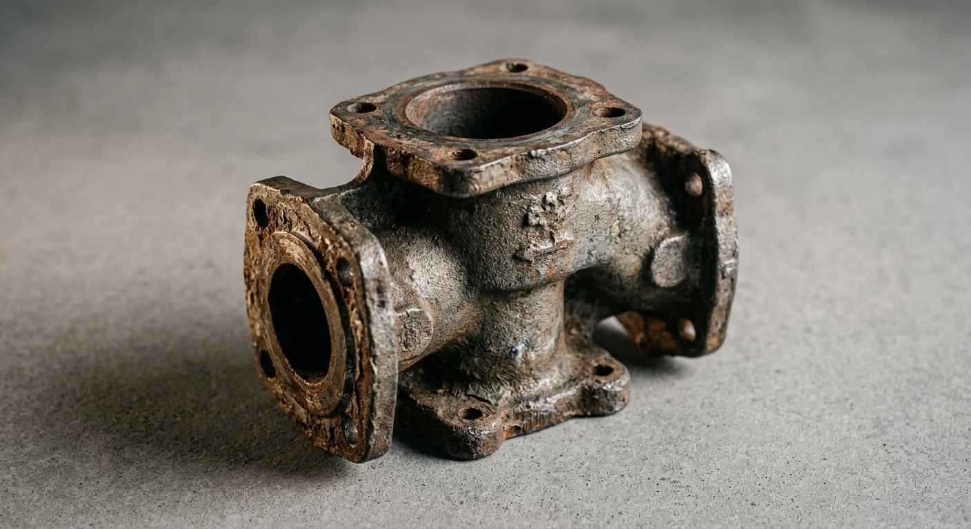 What you can legally replicate with reverse engineering and what you cannot Obsolete mechanical spare part, a worn cast valve body, on a neutral surface