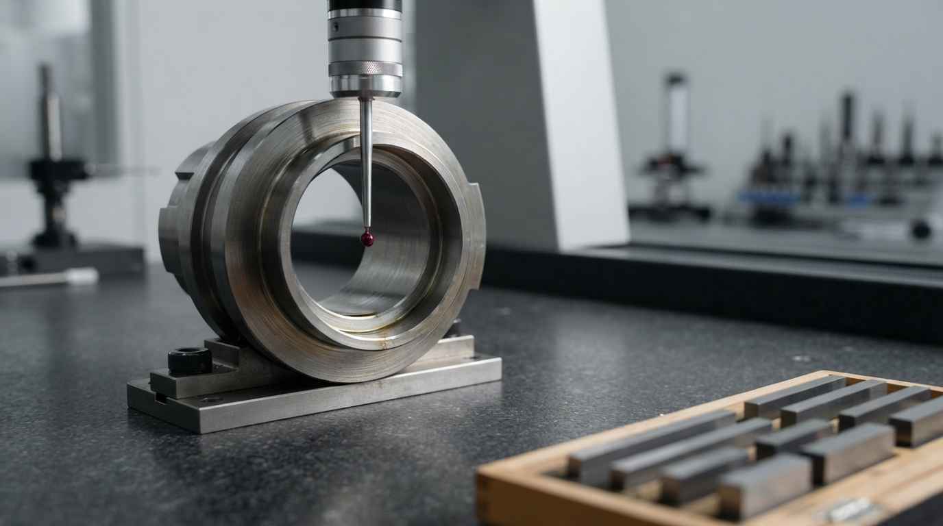 Verificación dimensional por escaneo 3D frente al CAD de la pieza Palpador de rubí de una máquina de medir por coordenadas tocando el agujero de una pieza de acero amarrada sobre el granito