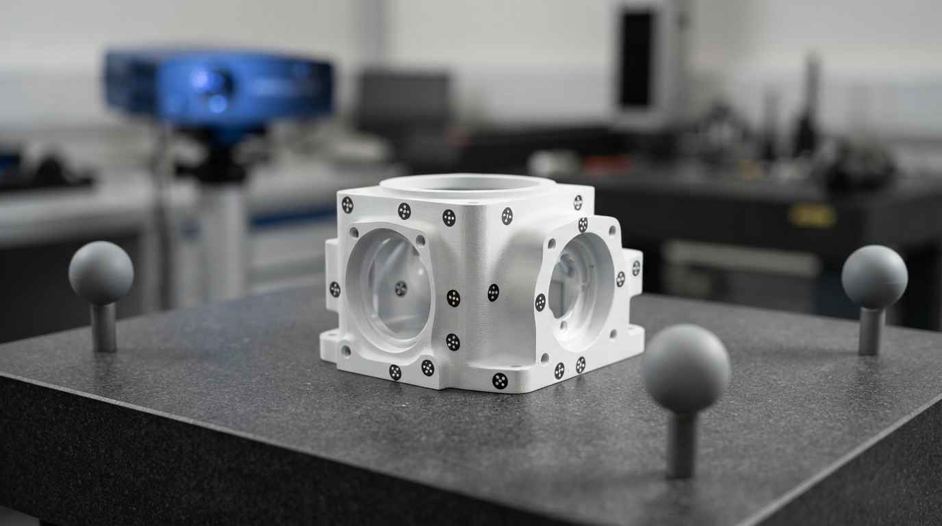 3D scanning dimensional inspection against the part's CAD model Machined housing prepared for scanning with matte coating and reference markers beside calibrated sphere artefacts on a plate