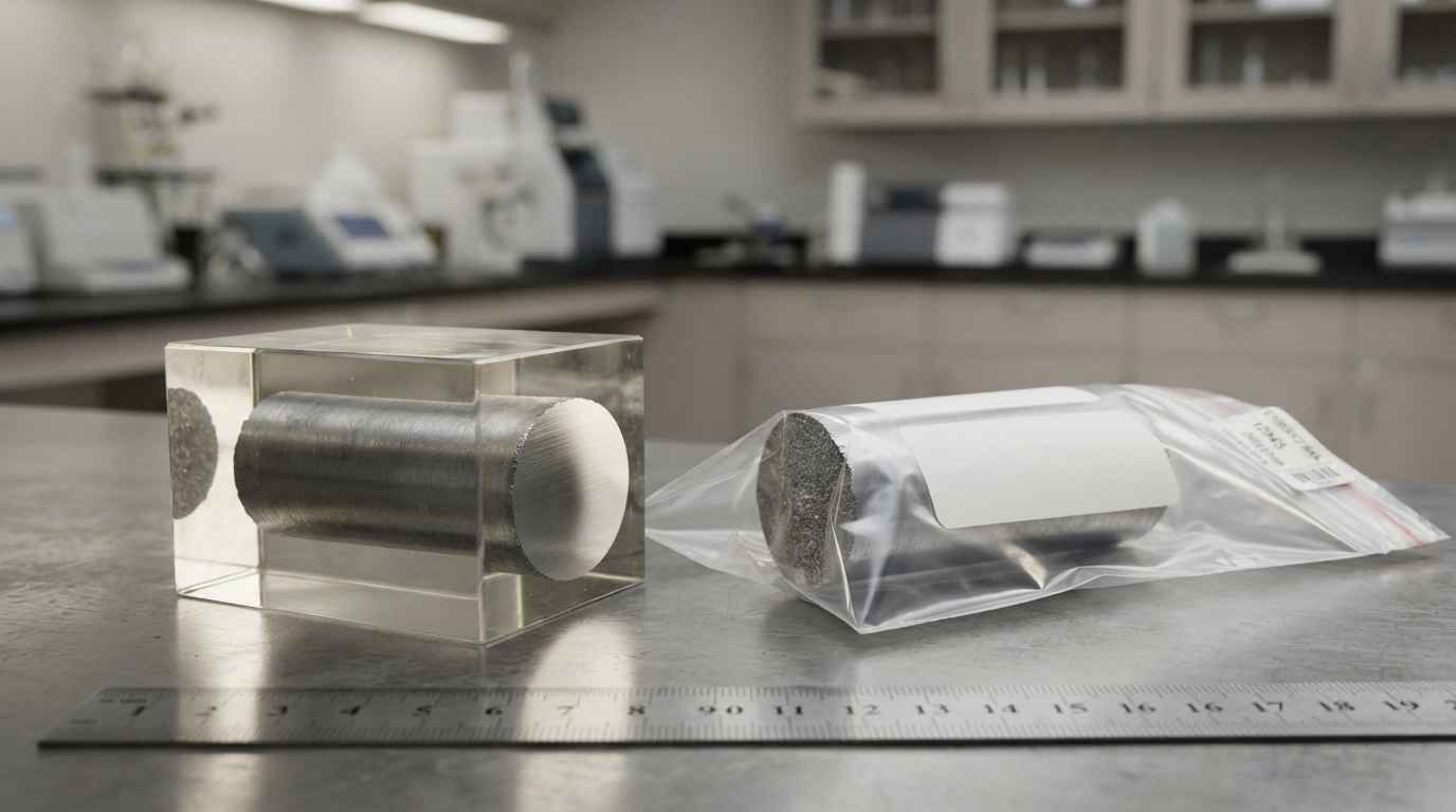 Industrial expert report, what gives it validity and weight Fractured steel part cut into two halves, one mounted in resin and polished and the other sealed inside a custody bag
