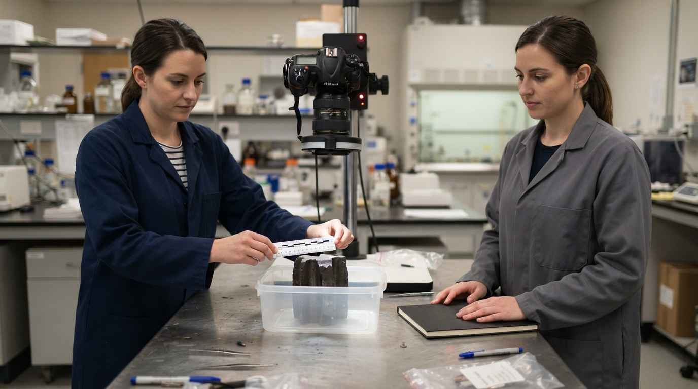 Peritaje técnico industrial, dos ingenieros documentando con escala una pieza rota recién retirada de servicio en laboratorio