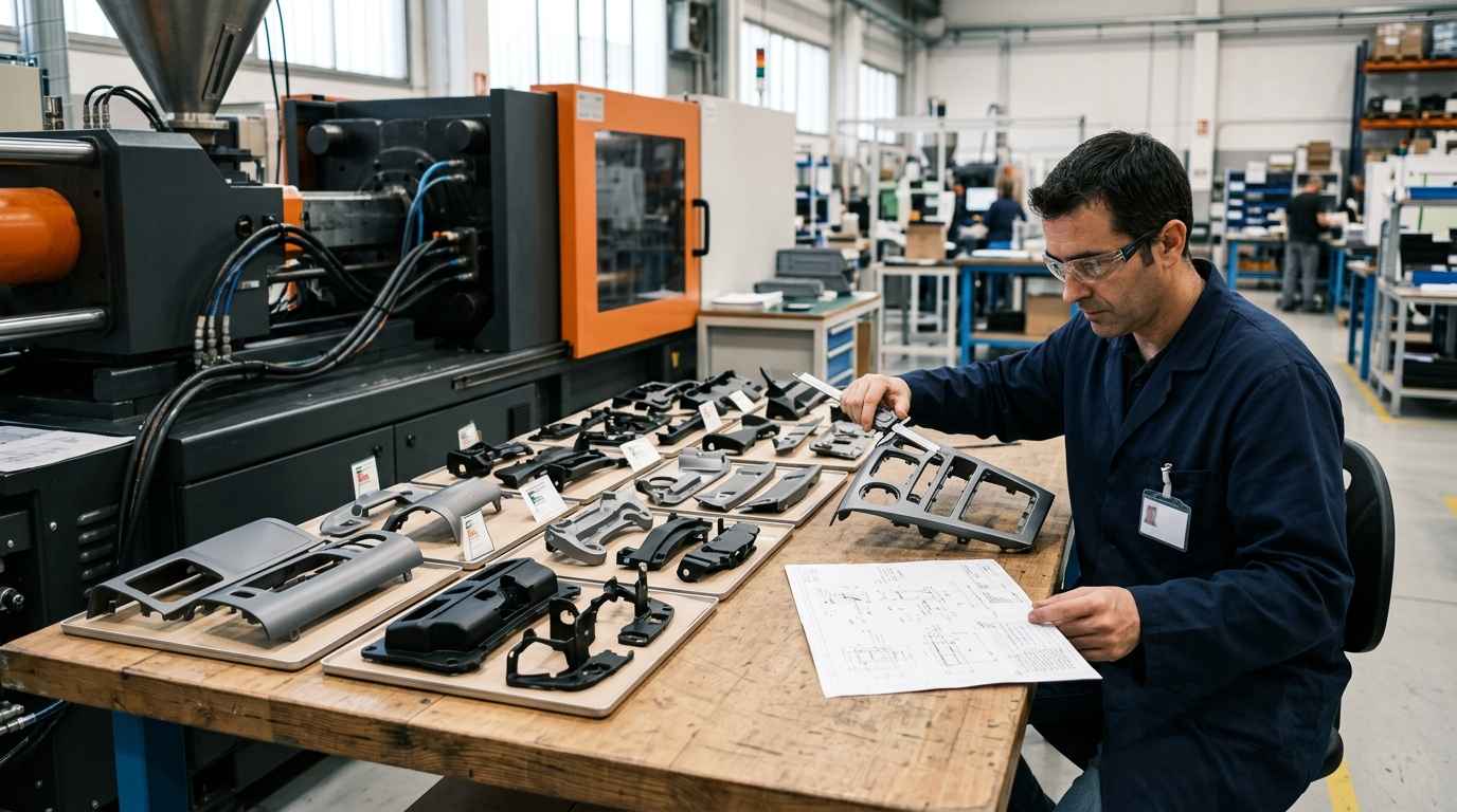 Prototipado para automoción: validaciones previas a producción Piezas de automoción de preserie inspeccionadas junto a la máquina de inyección