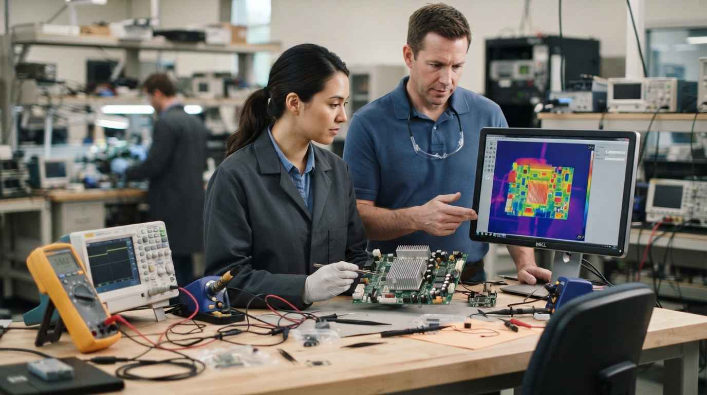 Materiales para electrónica con disipación térmica y protección frente a corrosión Placa electrónica con disipador de aluminio y recubrimiento protector sobre los componentes
