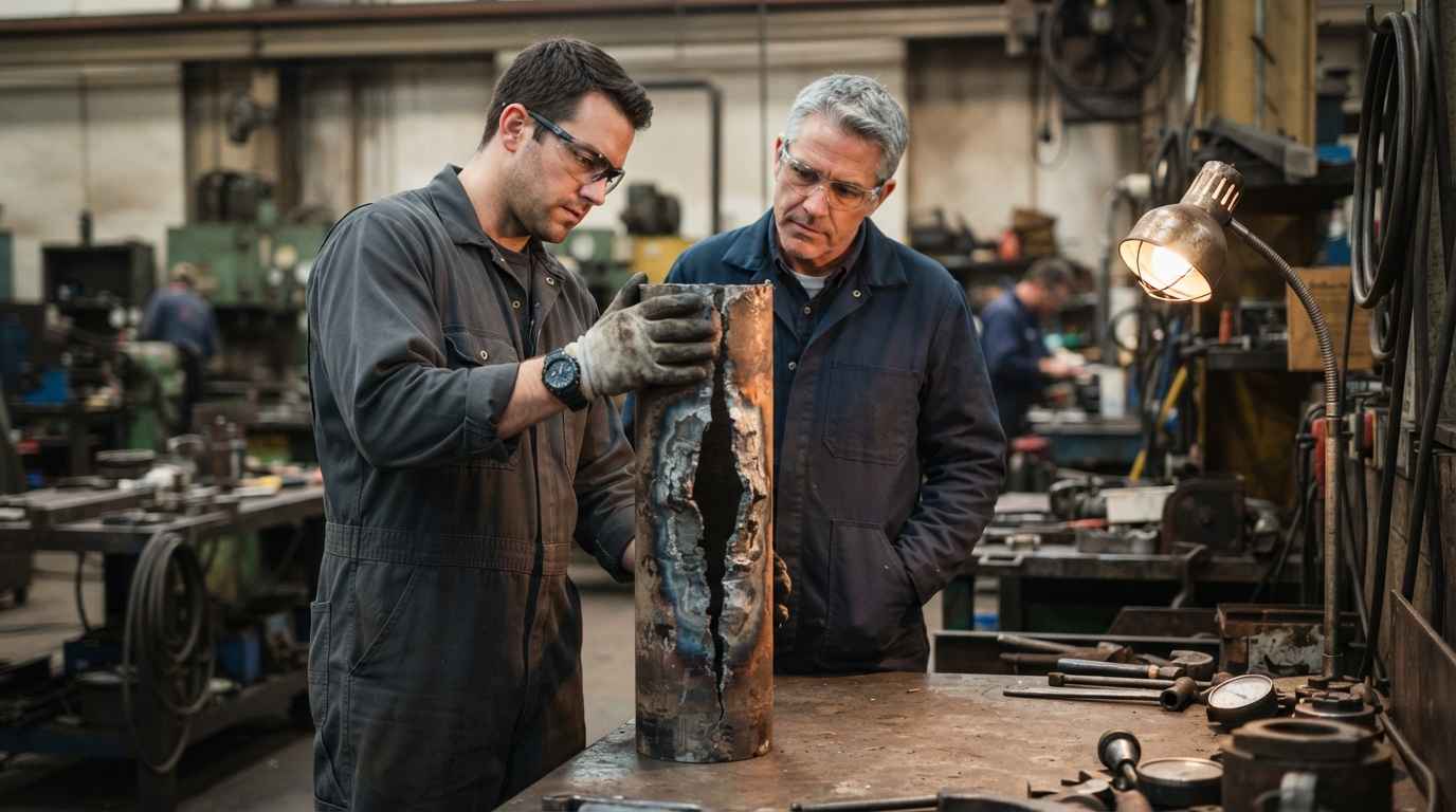 Power plant component failures, two engineers examining a ruptured superheater tube length taken out of service