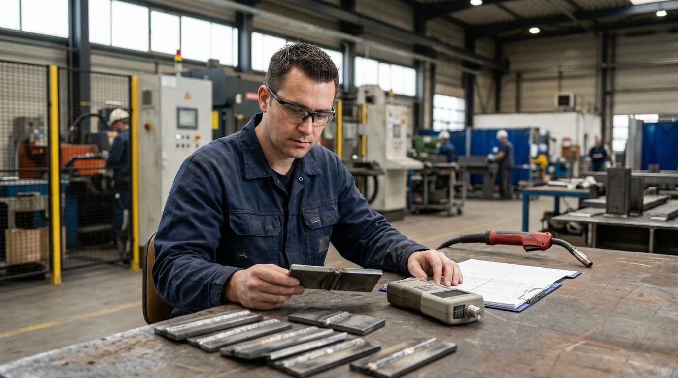 Welding defects: how to detect porosity, lack of fusion and cracks before they reach series production Welding engineer reviewing a pre-production weld coupon in quality control