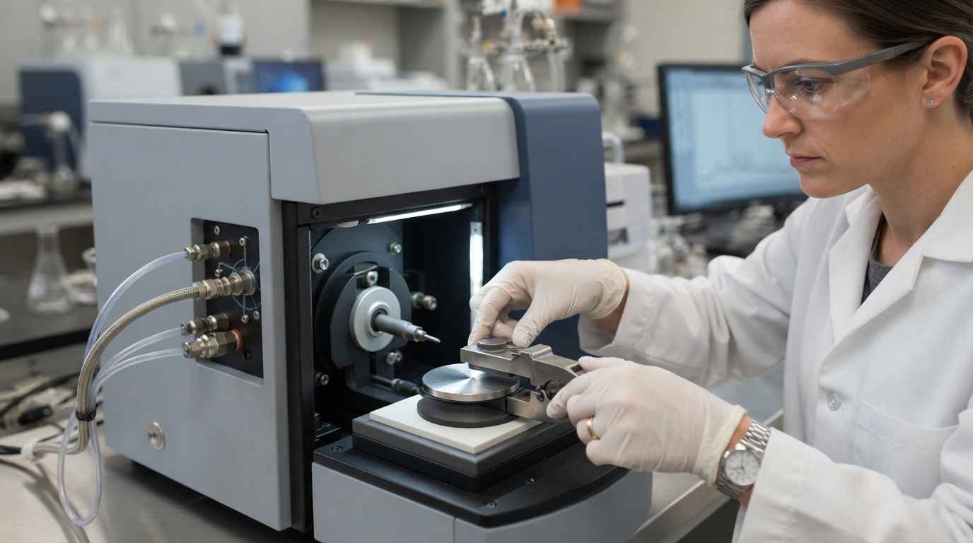 Cómo conocer la composición de un material para reproducirlo Técnico preparando una probeta metálica para el espectrómetro de emisión óptica en el laboratorio de materiales