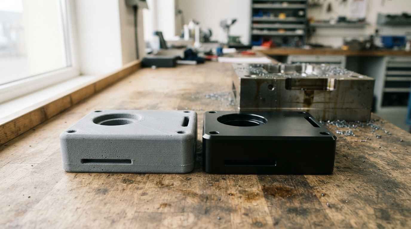 Low fidelity prototype, what it answers and when it falls short Printed mock-up next to the machined representative part with the steel mould block at the back of the workshop bench
