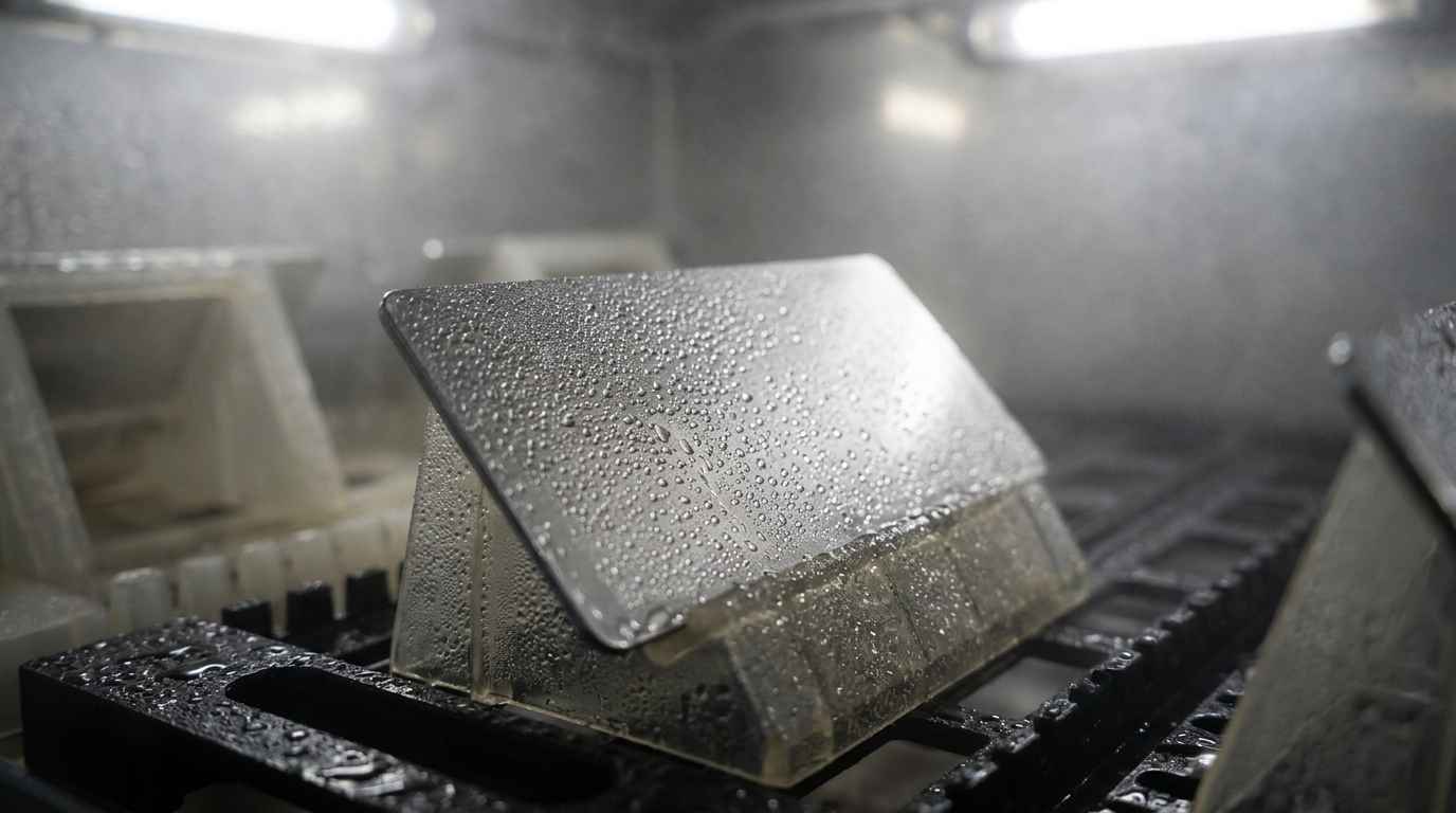 ¿Qué simula el ensayo de niebla salina y cómo se interpretan las horas de exposición? Probeta metálica inclinada dentro de la cámara de niebla salina