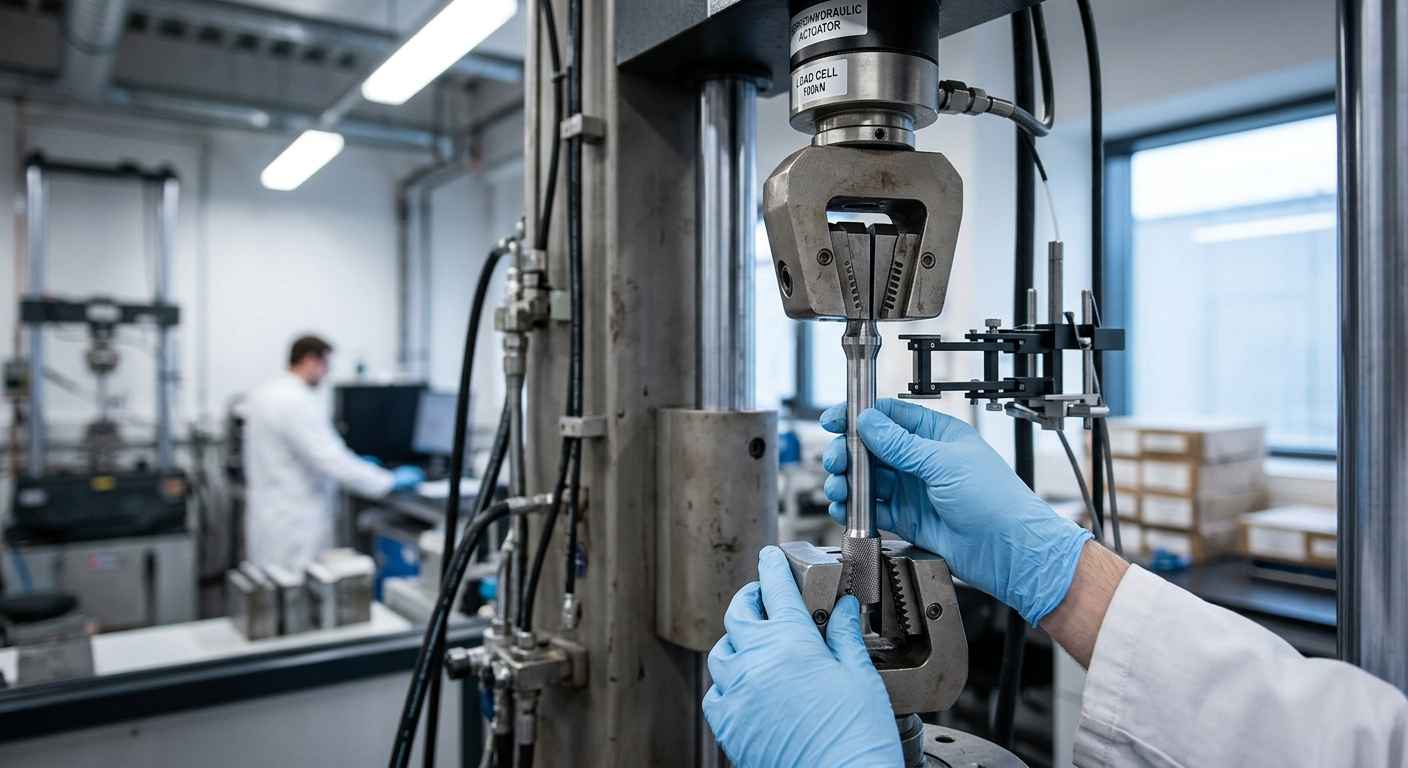 Fallo estático vs fatiga en diseño: dimensionar para cargas cíclicas Técnico de laboratorio colocando una probeta cilíndrica en las mordazas de una máquina de ensayo de fatiga servohidráulica