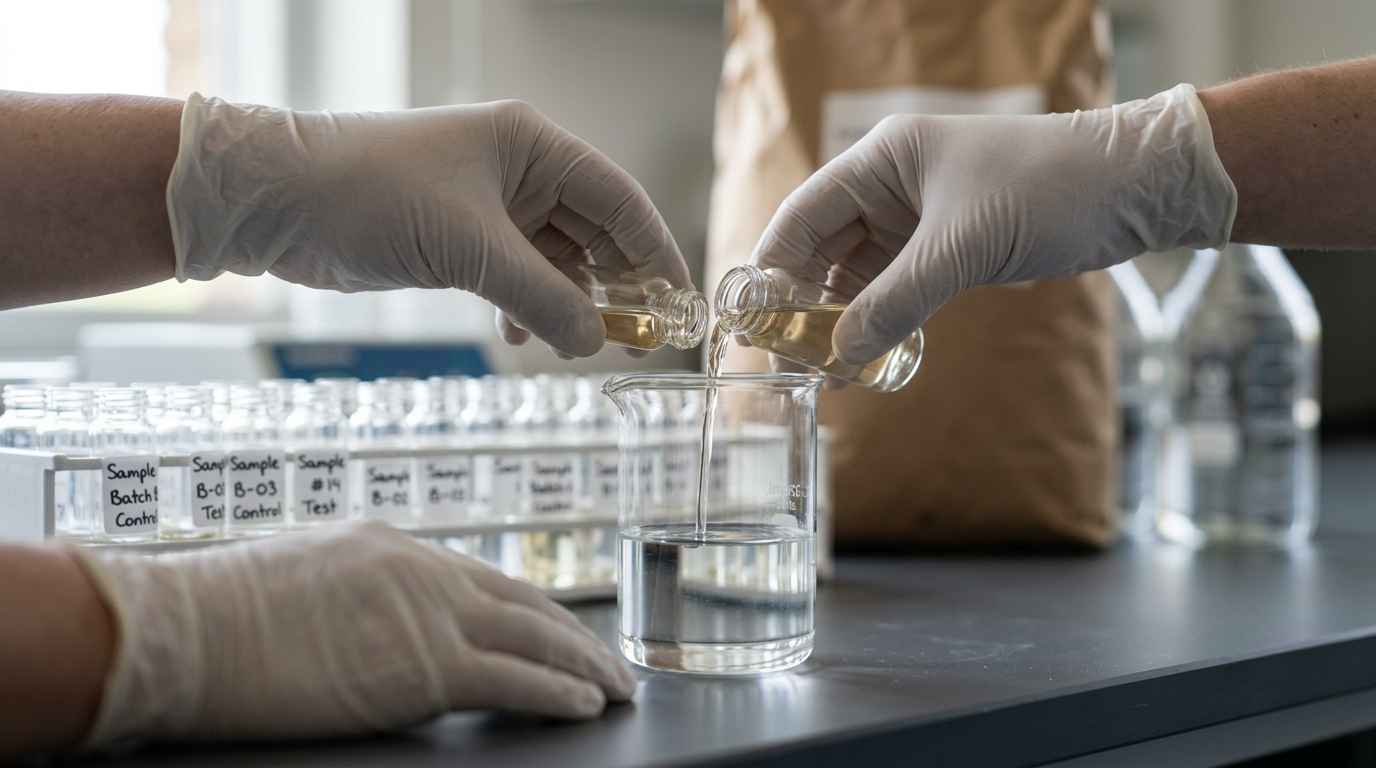 Process improvement in the chemical industry for higher yield and less waste Gloved hands pour a chemical product sample into a lab beaker beside sample vials to analyse a batch loss.