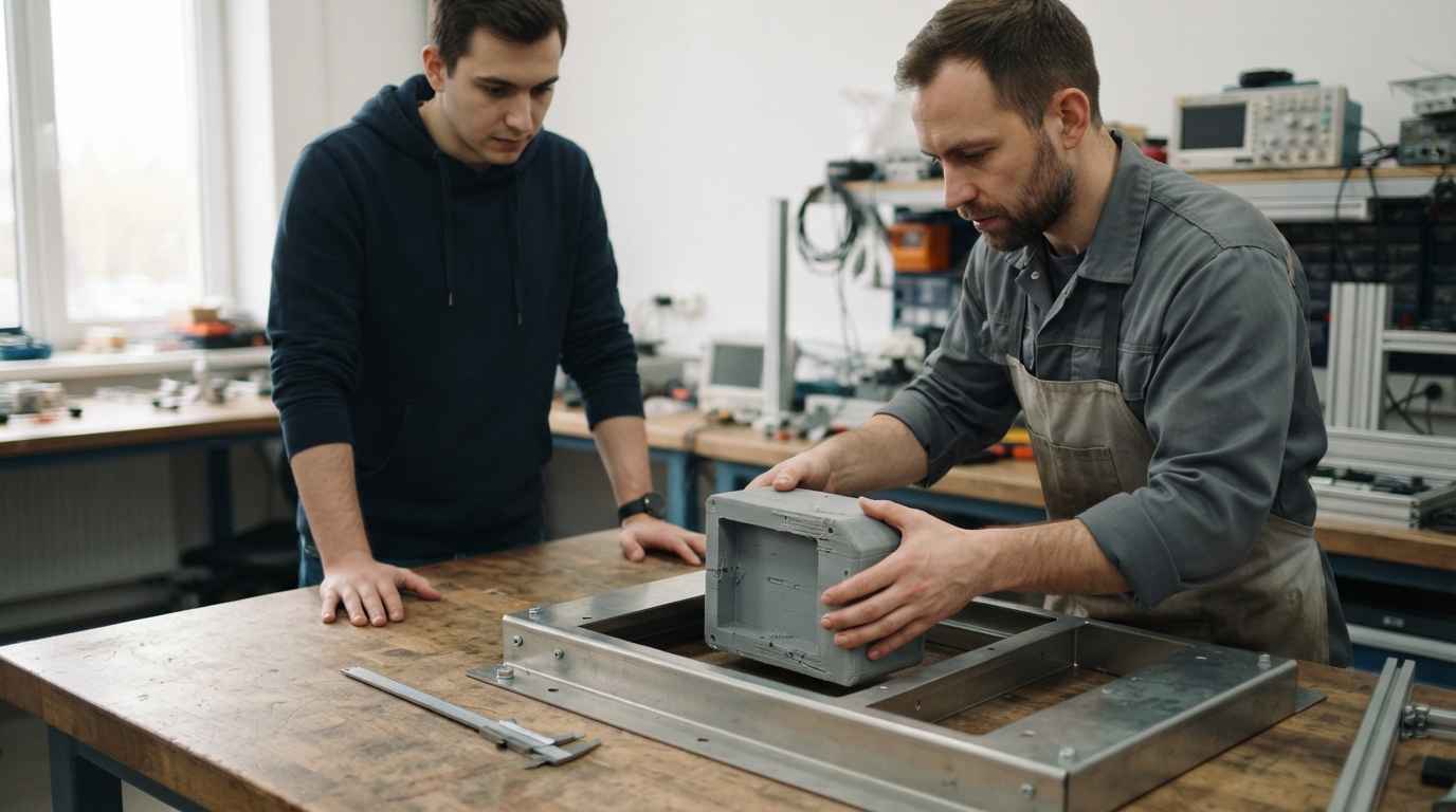 Prototipo de baja fidelidad, qué contesta y cuándo se queda corto Prototipo de baja fidelidad, dos ingenieros comprobando si una maqueta impresa de carcasa encaja en el hueco de chapa previsto