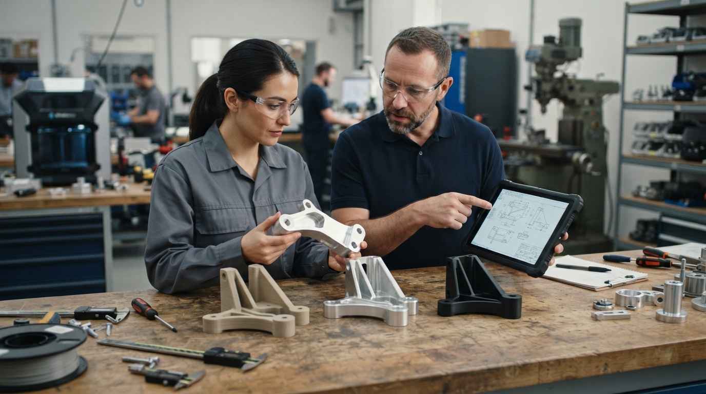 Prototyping technologies, how to choose for tolerance and cost Prototyping technologies, two engineers comparing a printed, a machined and a moulded version of the same part at the bench