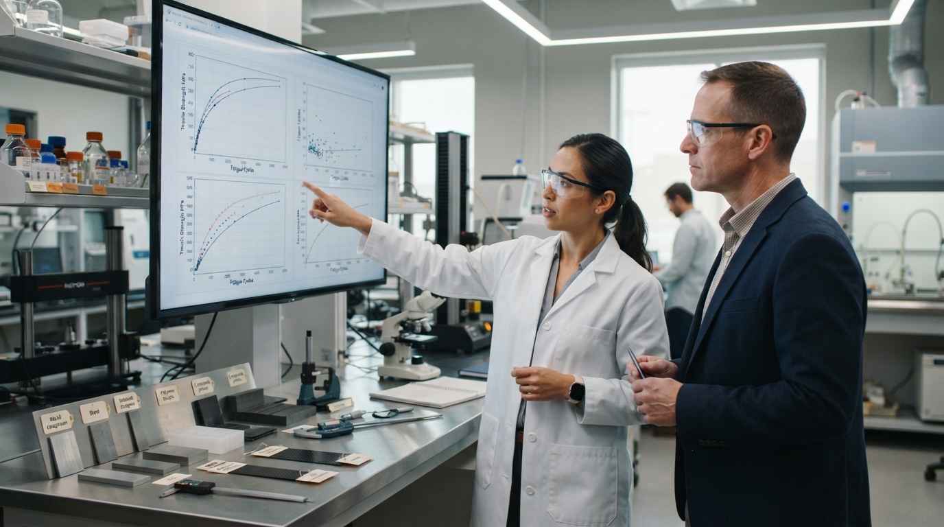 Ingenieros planificando un proyecto de I+D de materiales con probetas y datos de ensayo en laboratorio