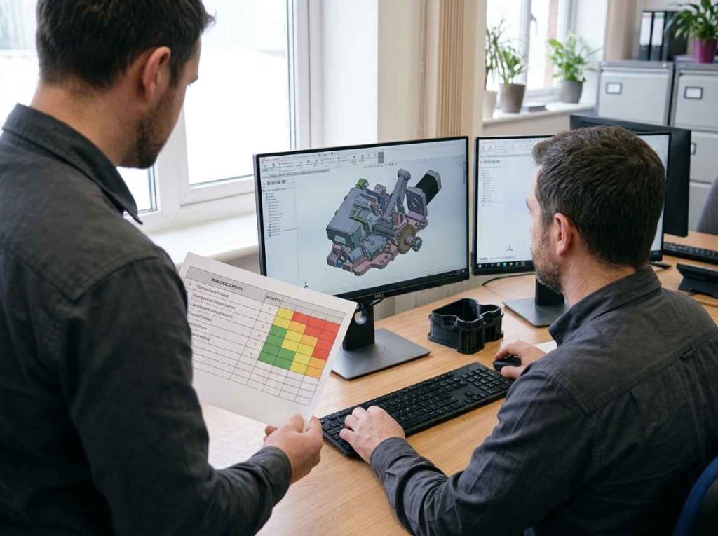 Análisis de riesgos de diseño Revisión de diseño de un conjunto mecánico en CAD contrastando el modelo con la matriz de riesgos antes de pasar a prototipo