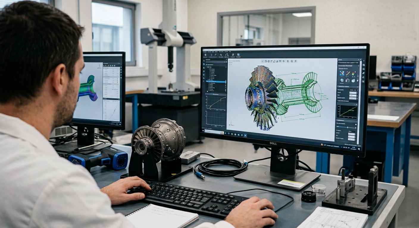 Qué se puede replicar legalmente con ingeniería inversa y qué no Ingeniero revisando en el monitor la nube de puntos y el modelo CAD escaneados de una pieza física