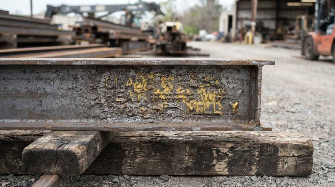 Structural steel acceptance testing, what to confirm before erection Rolling marking on the web of a structural steel section used to verify grade and heat on acceptance of the delivery