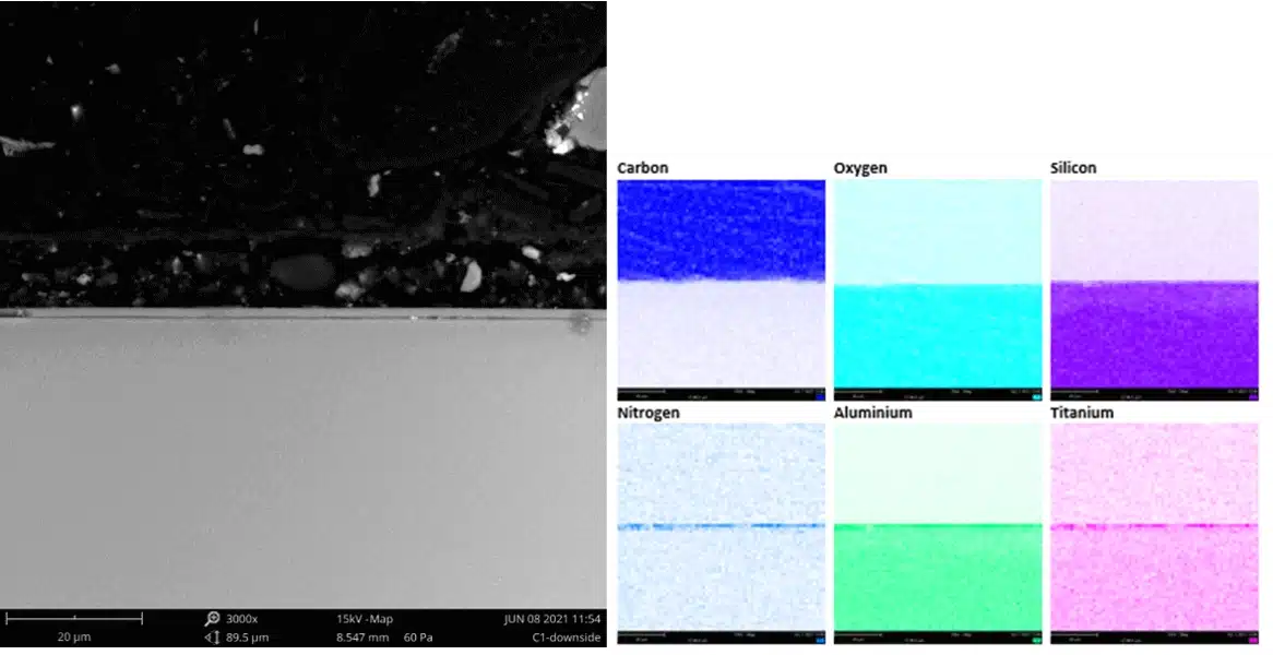Coating cross-section under the electron microscope and elemental composition maps