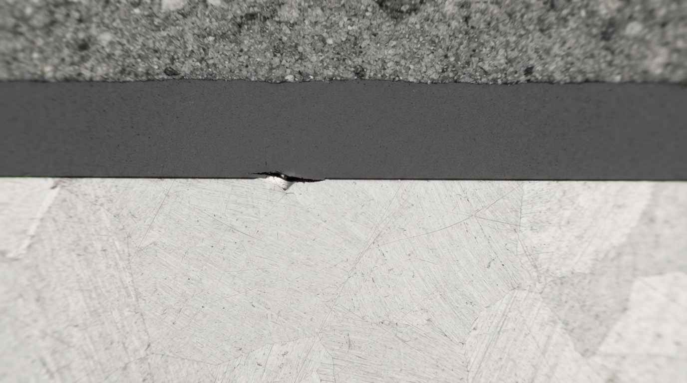 Sección metalográfica de un recubrimiento autolubricado al microscopio, con el espesor de capa y la interfase visibles