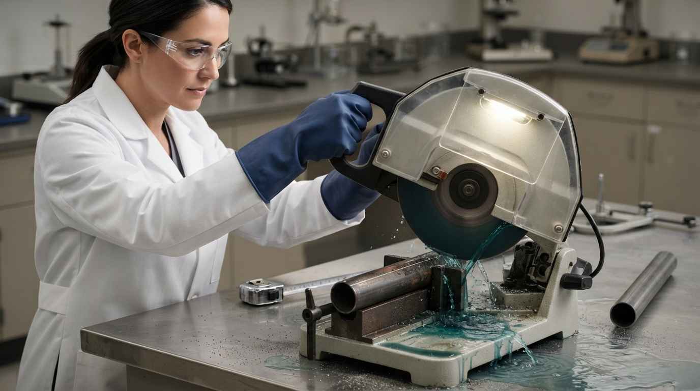Fallos en componentes de energía por fatiga térmica a presión Técnico seccionando con refrigeración un tramo de tubo a distancia de la grieta para no alterar la microestructura