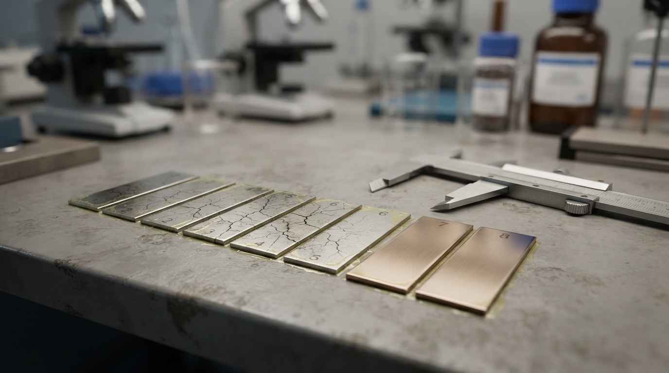 Corrosión bajo tensión: el fallo silencioso que conviene anticipar en ambientes agresivos Probetas de acero inoxidable tras un ensayo de corrosión bajo tensión con distinta resistencia