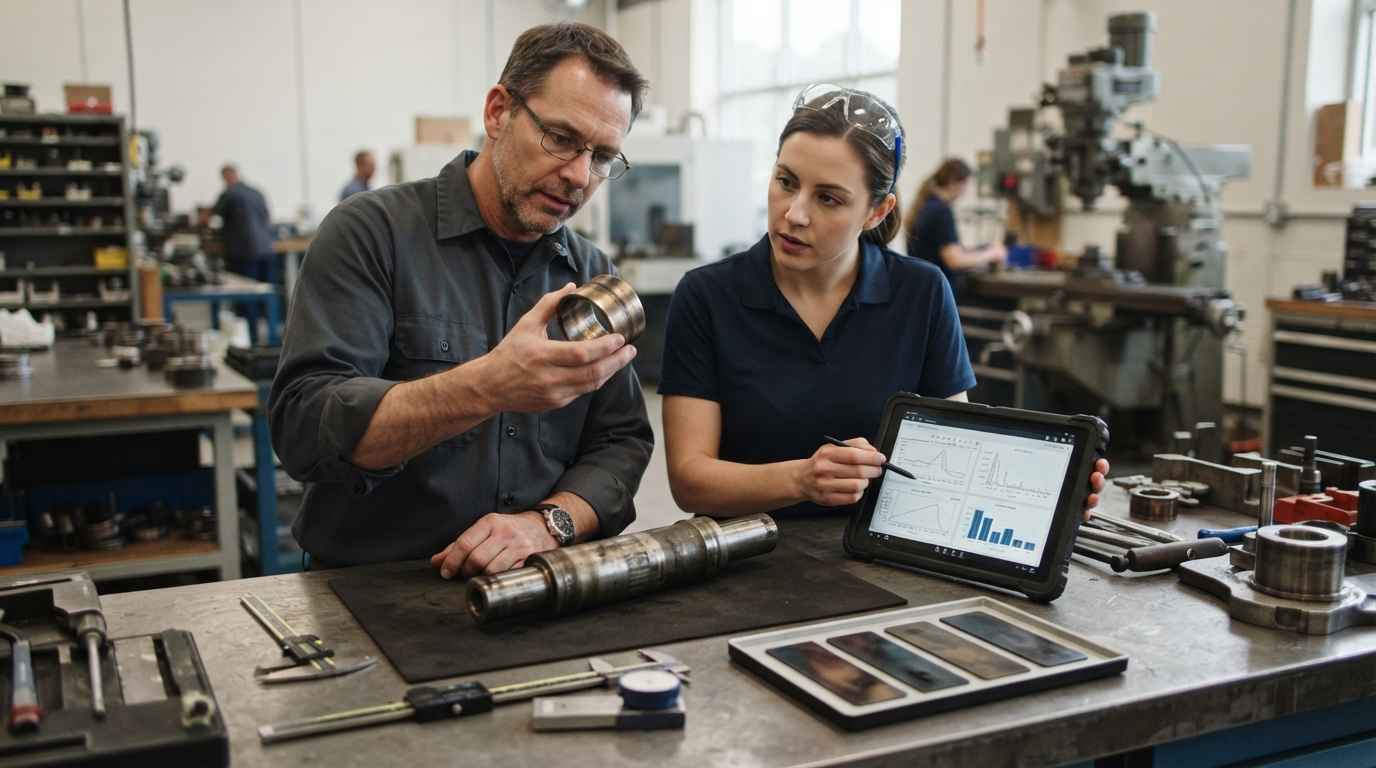 Self-lubricating coatings against wear in industrial parts Self-lubricating coatings against wear, two engineers inspecting a coated bushing taken out of service at the workbench